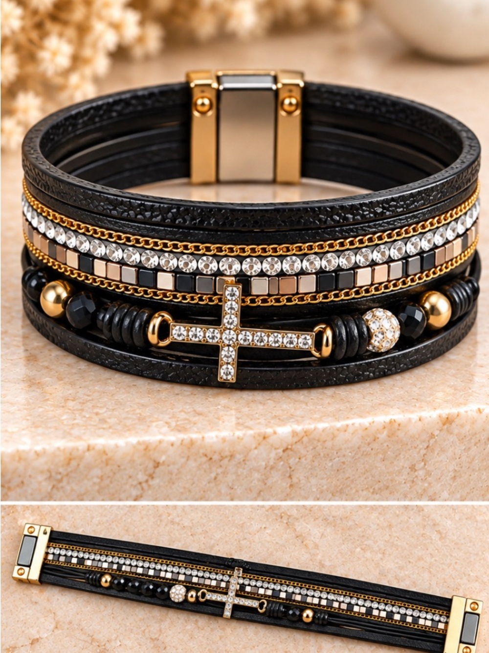 Black and Gold Multi-Strand Cross Bracelet with Crystals